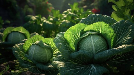 Cabbage field in the morning light. Shallow depth of field - obrazy, fototapety, plakaty
