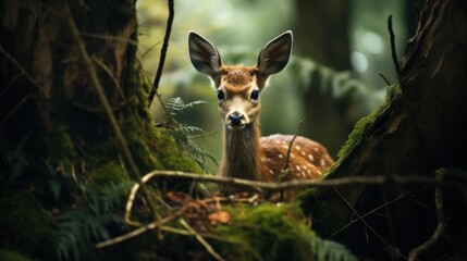 Fawn in the forest. Beautiful young deer in the forest