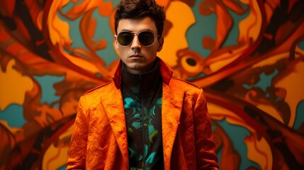 Gentleman wearing black  glasses on luxury colorful background , Beautiful fictional male  model in colorful stylish fashion clothes and sunglasses