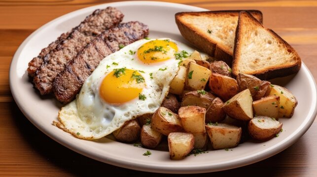 A breakfast consisting of fried eggs, scrapple (liver mush), potatoes, and toast.

