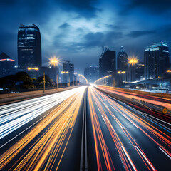 Light trails streaking through a sleek, modern metropolis, surrounded by towering skyscrapers and bathed in the glow of neon futuristic technology. A backdrop suggesting the future of virtual reality,