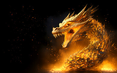 A golden dragon in flames on a black background. The fiery aura creates an impression of power and fear, mystery and aggressiveness. Symbol of the coming year