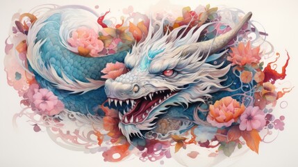 Illustration of a Chinese dragon in colors on a white background. Traditional oriental style. The image radiates power, wisdom and spiritual energy characteristic of Asian culture and symbolism