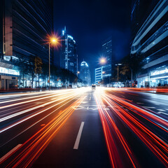 Light trails streaking through a sleek, modern metropolis, surrounded by towering skyscrapers and bathed in the glow of neon futuristic technology. A backdrop suggesting the future of virtual reality,