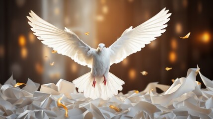 Flying white dove on a pile of paper