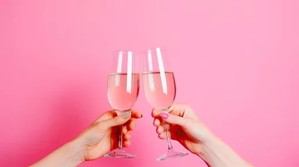 Foto op Aluminium Clinking glasses of champagne in hands, with red rose on the bottom on pink background. Concept of Valentine's Day, pop art contemporary, celebrate.   © Creative Station