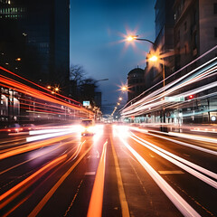 Light trails streaking through a sleek, modern metropolis, surrounded by towering skyscrapers and bathed in the glow of neon futuristic technology. A backdrop suggesting the future of virtual reality,