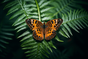 Obraz premium Richly patterned orange butterfly spreading wings atop lush green fern. Natural elegance and detail. Suitable for botanical poster, eco-friendly banner, or wallpaper