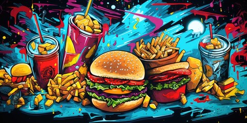 an illustrated background that has many fast food items, in the style of vibrant graffiti art Generative AI