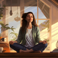Artistic depiction of a woman engaging in meditation and yoga, finding serenity and peace in the calm and cozy atmosphere of her home. Embracing tranquility, cultivating a peaceful mind, and promoting