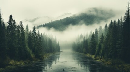 Fototapeta premium Foggy mountain landscape with a river and coniferous forest