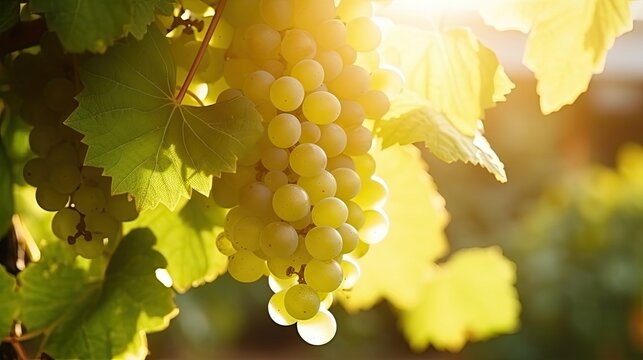 Close up with beautiful day light on white grape. Glera, used to make Italian wine Prosecco. Emotional shot macro outdoor in vineyards, with green leaf and background.

