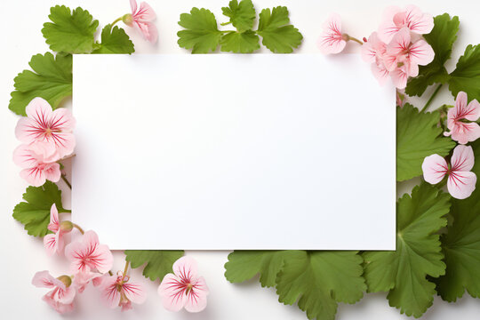 Geranium flowers and leaves framing white copy space