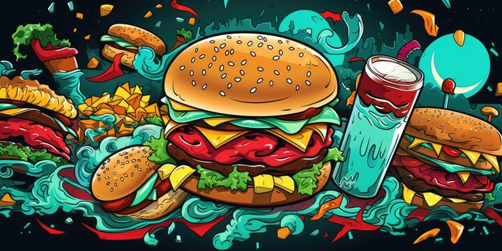doodle background with fat hamburger and other fast food items Generative AI