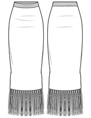 Women's fringe hem Column Skirt flat sketch vector illustration front and back view, long Full length skirt technical cad drawing vector template mock up