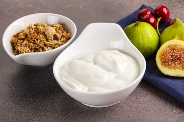 Traditional homemade Greek yoghurt with granola