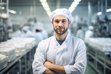 Technologist in protective uniform controlling food production - obrazy, fototapety, plakaty