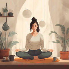 Artistic depiction of a woman engaging in meditation and yoga, finding serenity and peace in the calm and cozy atmosphere of her home. Embracing tranquility, cultivating a peaceful mind, and promoting