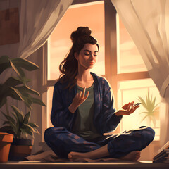 Artistic depiction of a woman engaging in meditation and yoga, finding serenity and peace in the calm and cozy atmosphere of her home. Embracing tranquility, cultivating a peaceful mind, and promoting