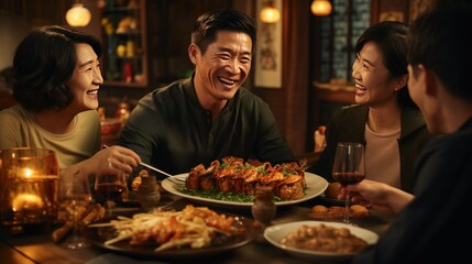 Happy asian family having dinner together in a restaurant. Smiling asian man and woman sitting at table with food