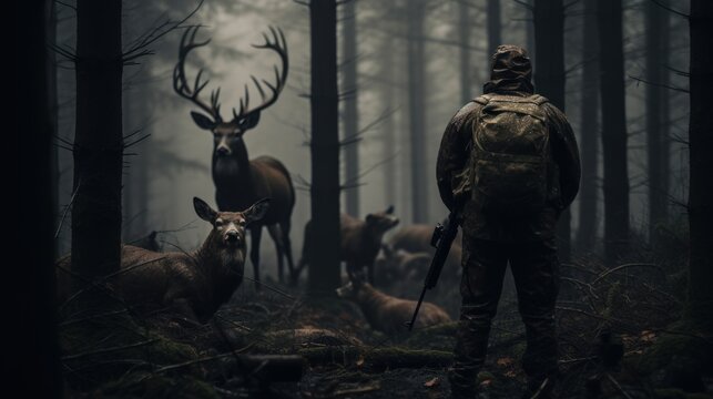 A hunter with a gun in his hand and a group of deer in the forest