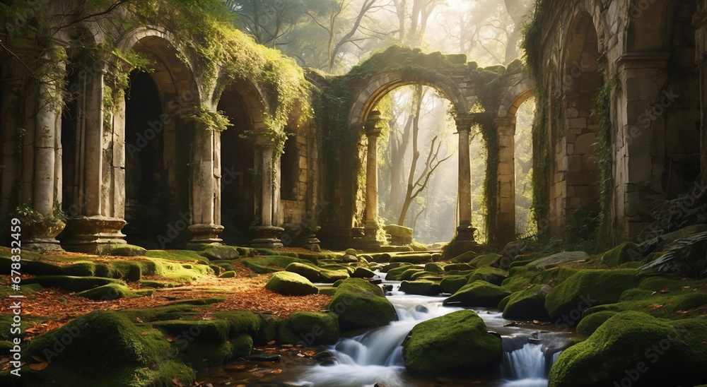 Poster an ancient, overgrown ruin hidden deep within a dense, mystical forest - ai generative