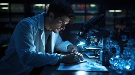 Scientist working with microscope and test tube in the laboratory at night