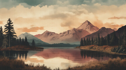 Fototapeta na wymiar Tranquil Lake in the Mountains - Vintage Illustration