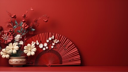 Japanese paper fan and flowers on red background