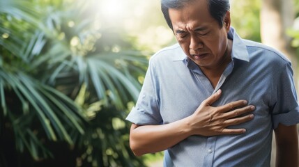 Covid-19 chest pain as infection symptom, man with respiratory mask holding a hand at his chest.

