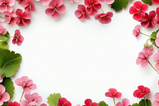 Red and pink geraniums framing a central white copy space