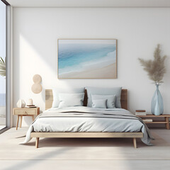 Simplified bedroom setting with a home decoration mockup. Embracing a cozy coastal style, featuring stylish furniture, a comfortable bed, and a modern design background.
