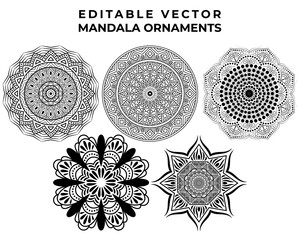 Collection of mandala ornamental decoration pattern vector. Set of isolated cut out african aborigin floral henna pattern in black and white outline for coloring book.