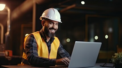 Engineer in hard hat working with laptop.

