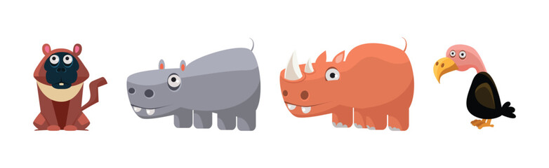 Funny African Animals and Zoo Fauna Vector Set