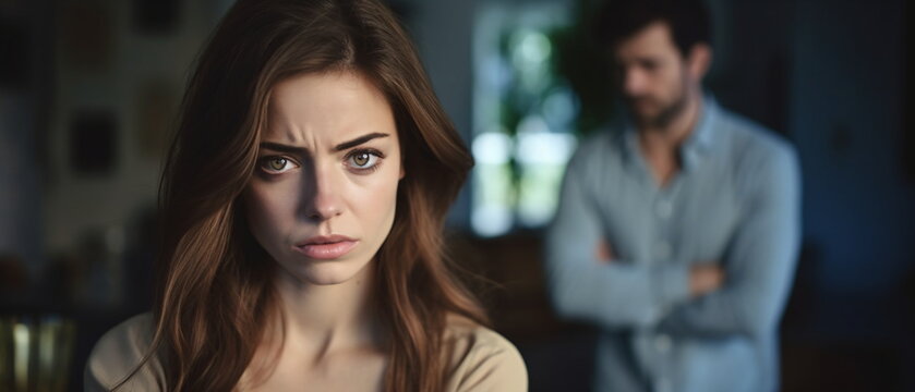 Domestic violence by a man against an abused woman. Depressed woman at home suffers from anxiety, depression or mental health problem.Generative ai