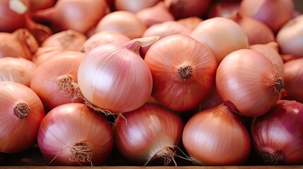 Fresh onions on the table in the store, close-up. Vitamin seasoning for a healthy diet. A spicy food ingredient. A slide, a bunch of onions. Trading place, market. Agricultural products. Farmer's mark