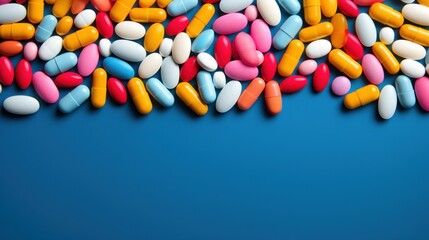Obraz premium Pills on blue background. Top view with copy space