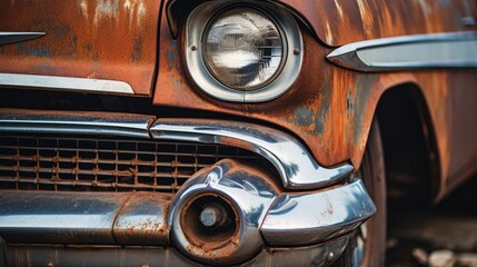 Front detail of a rusted classic car.

