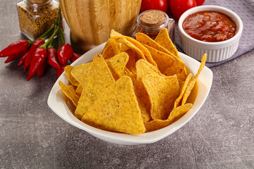 Mexican corn nachos chips with salsa