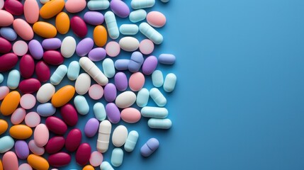 Colorful pills on blue background. Top view with copy space