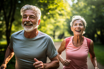 Elderly couple jogging in a park: Celebrating health and fitness in later life