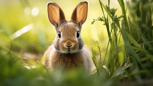 Cute little rabbit in the grass. Springtime