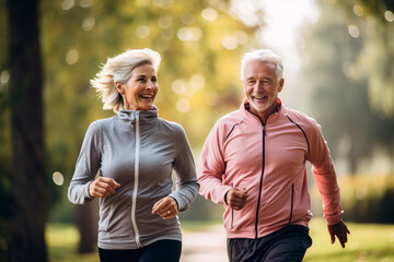 Fototapeta premium Elderly couple jogging in a park: Celebrating health and fitness in later life