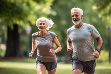 Elderly couple jogging in a park: Celebrating health and fitness in later life