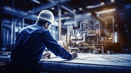 Engineer working with blueprints at industrial plant - obrazy, fototapety, plakaty