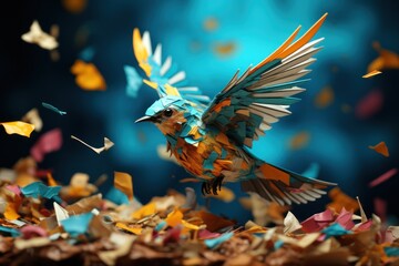 Flying bird with colorful paper confetti on blue background