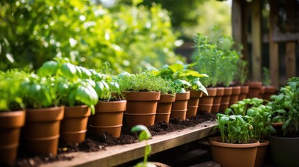 Fresh herbs in terracotta pots in the garden. Gardening concept