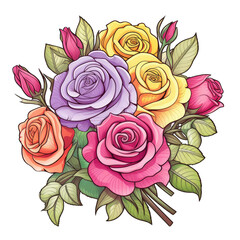 Vintage sketched rose bouquet isolated on white background, transparent. Cottagecore illustration