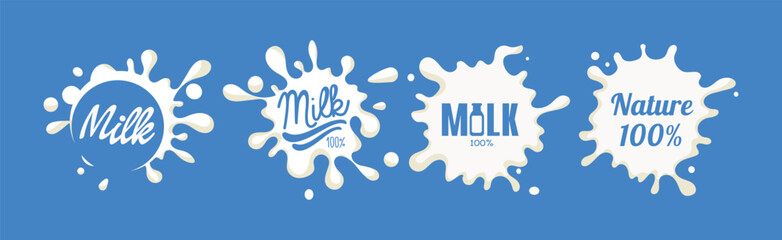 White Milk Splash on Blue Background with Text Vector Set